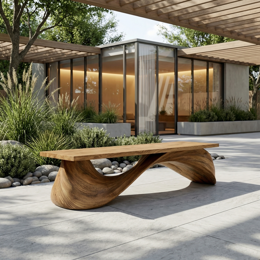 Contemporary Wave Bench Solid Wood Elegant Loop Design Hallway And Entryway - view 3