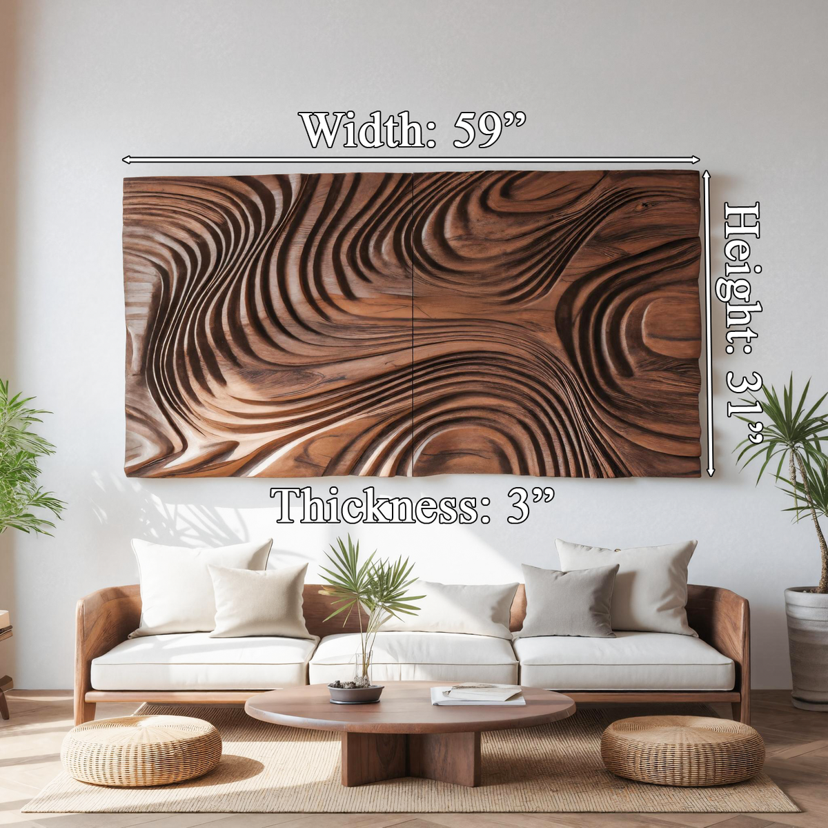 Abstract Sculptural Wood Wall Art With Carved Wave Patterns For Living Room Or Bedroom - view 6
