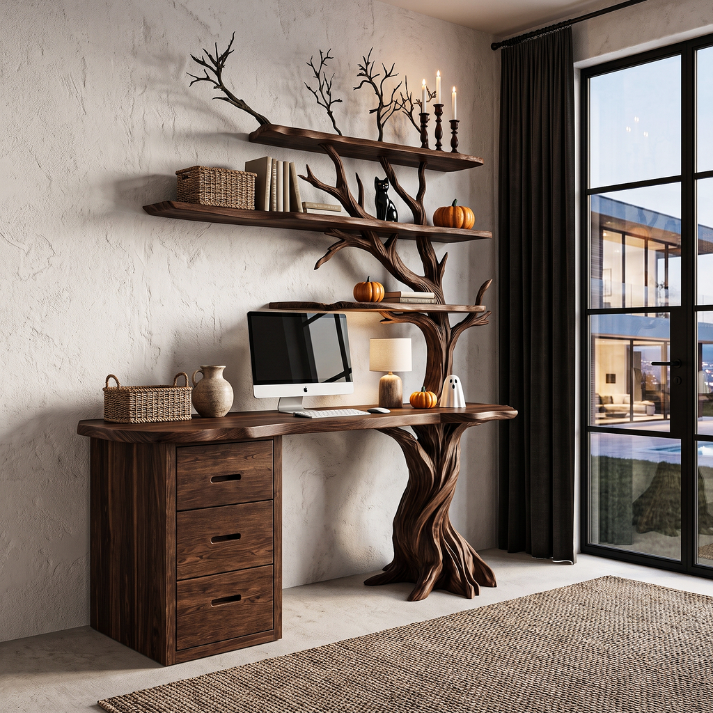 Contemporary Halloween Writing Desk With Haunted Tree Silhouette For Bedroom - view 3