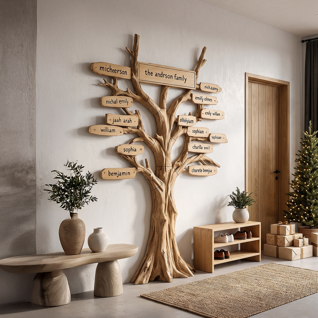 Contemporary Family Tree Wall Art With Custom Name Plaques For Entryway And Foyer - view 3