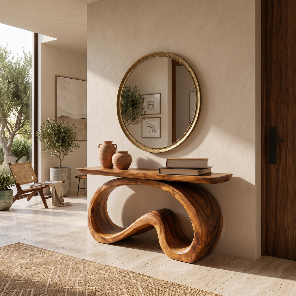 Artistic Wooden Console Table With Flowing Wood Base For Living