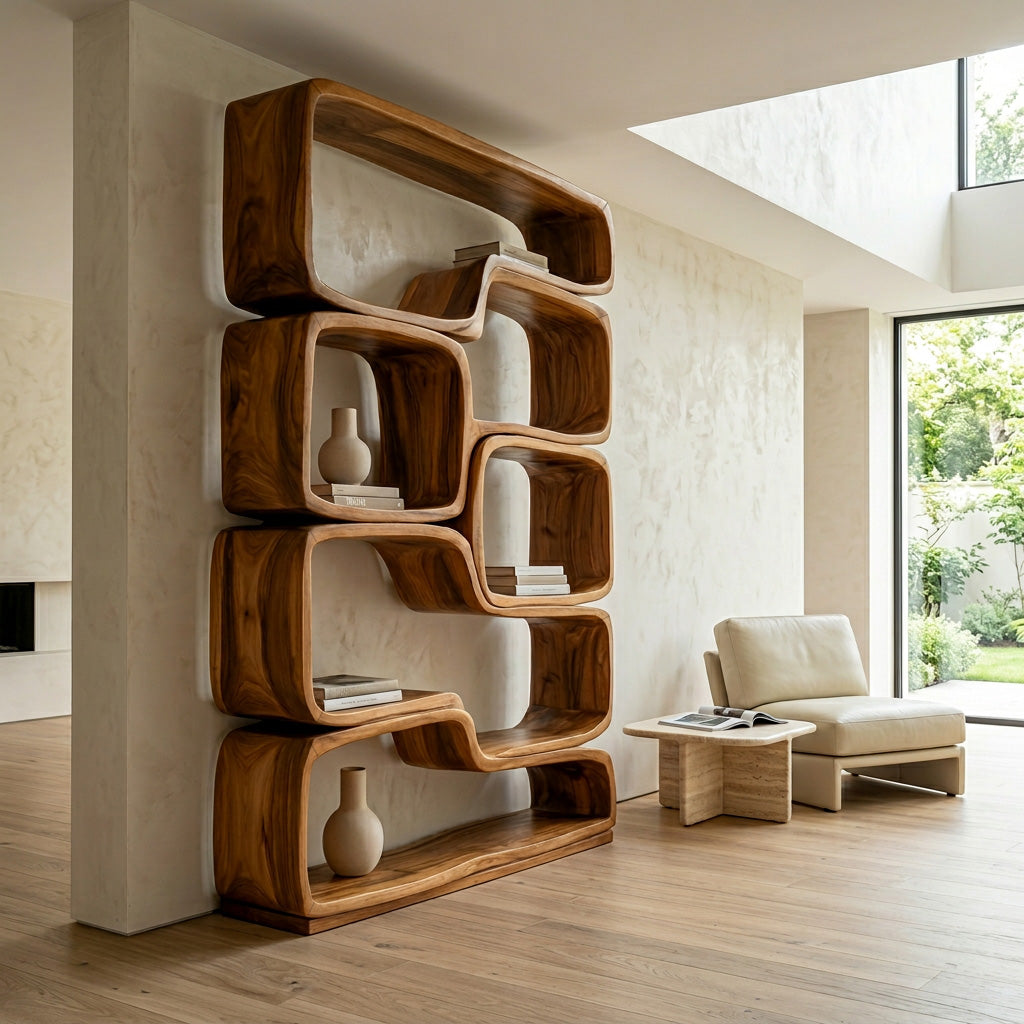Contemporary Sculptural Natural Wood Bookshelf For Living Room