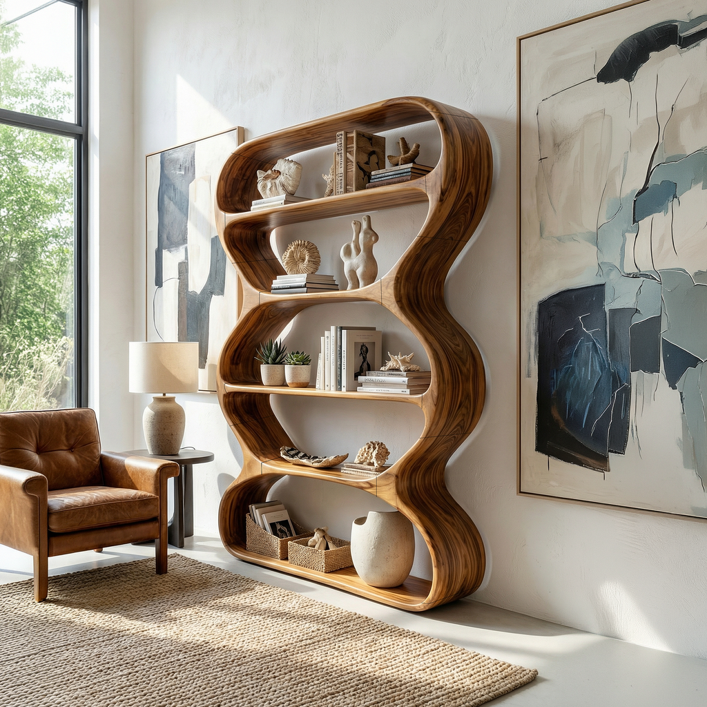 Contemporary Curved Bookshelf Living Room Display