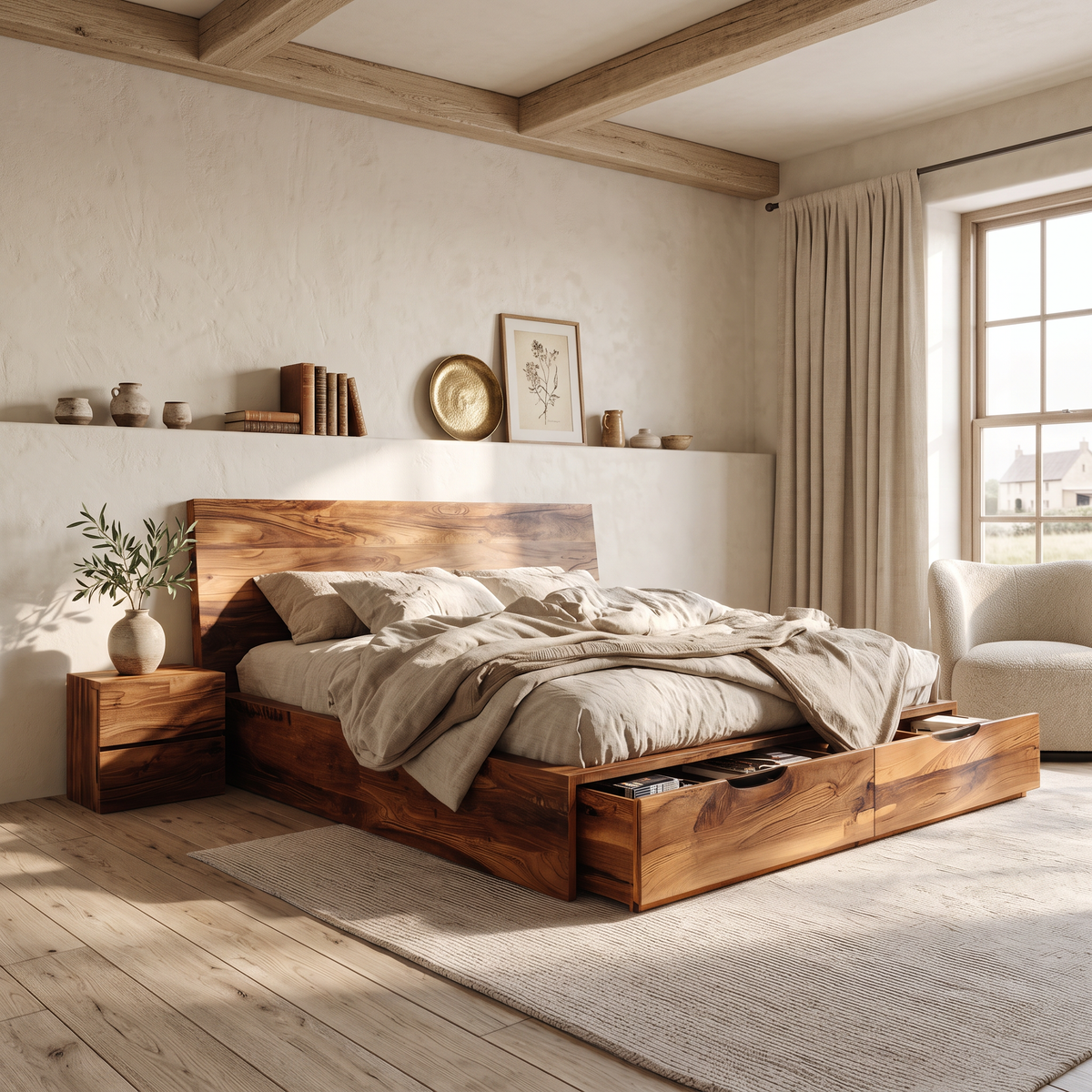 Contemporary Bed And Built-In Drawers For Bedroom