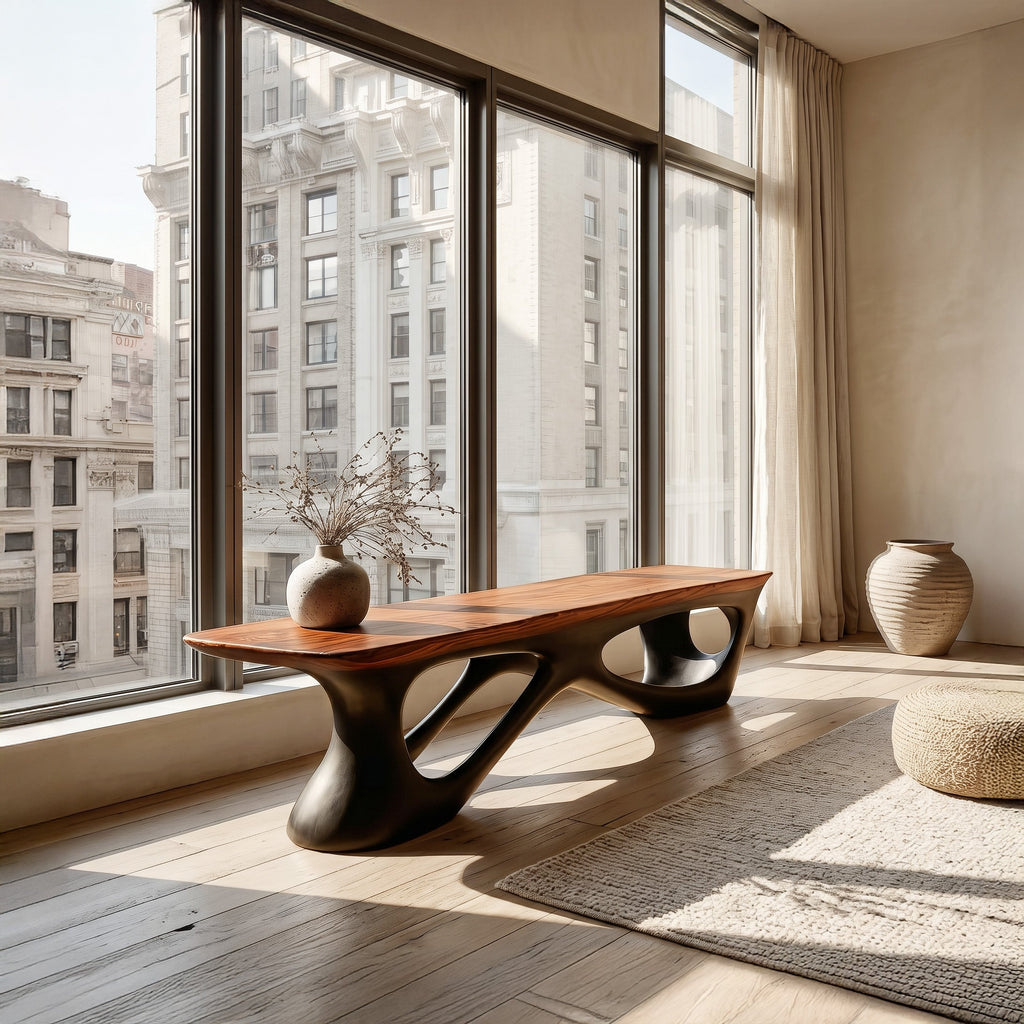 Contemporary Natural Wood Bench For Luxury Window Corner