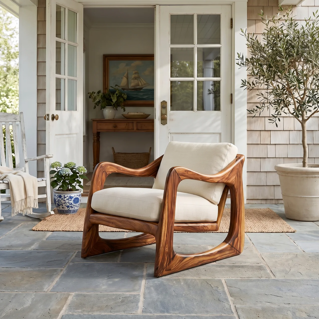 Coastal Luxury Accent Chair with Sculptural Wooden Craftsmanship