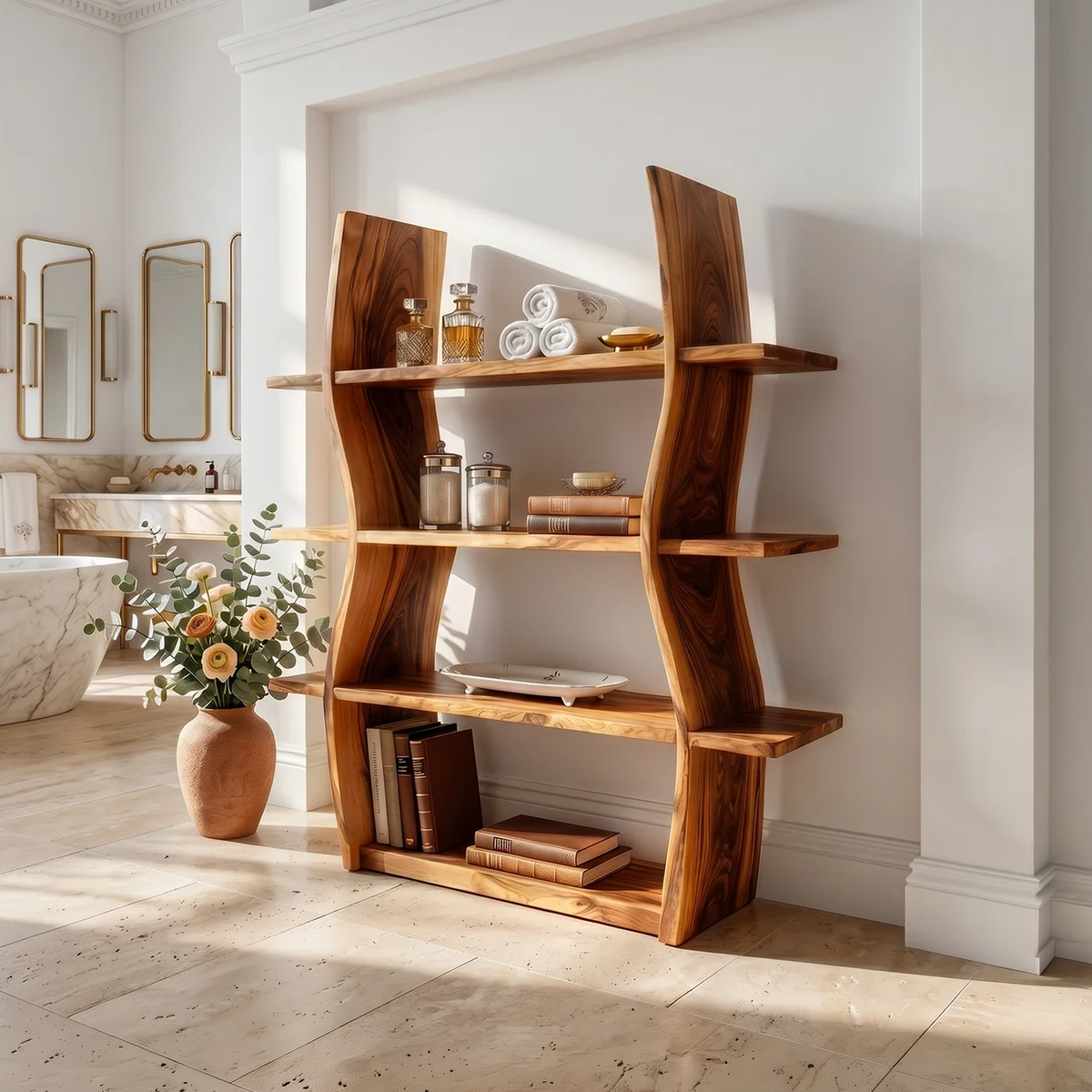 Elegant Wooden Storage Shelf In Wave Design - view 3