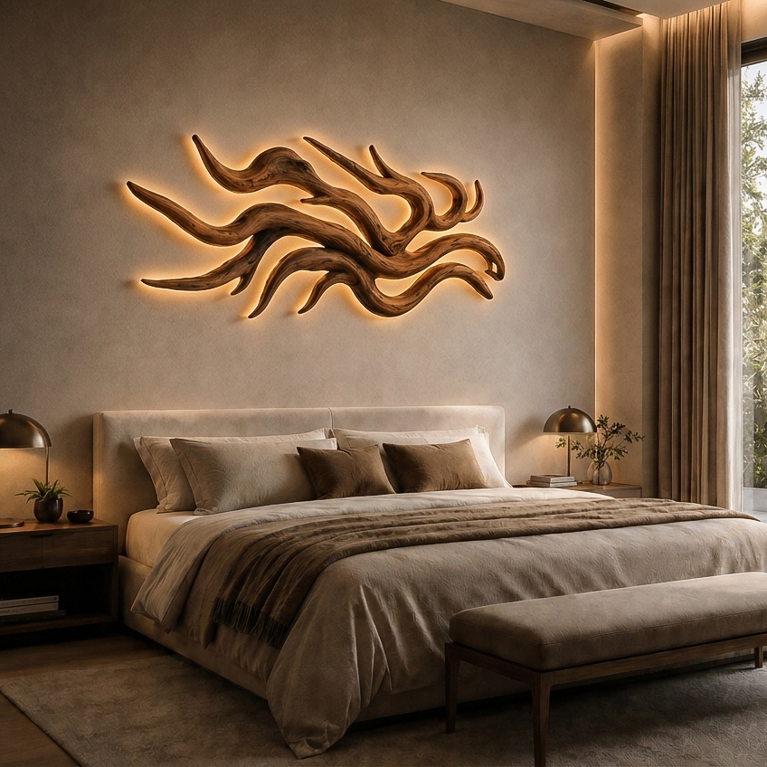 Artistic Wood LED Wall Sculpture Flowing Root Design For Bedroom Decor