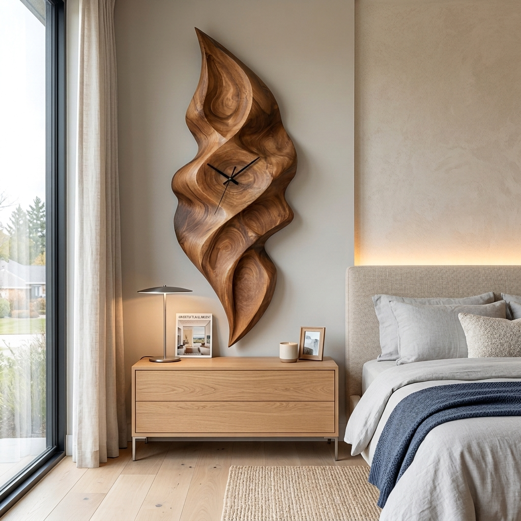 Contemporary Wood Wall Clock With Wave Sculpture For Minimalist Bedroom - view 3