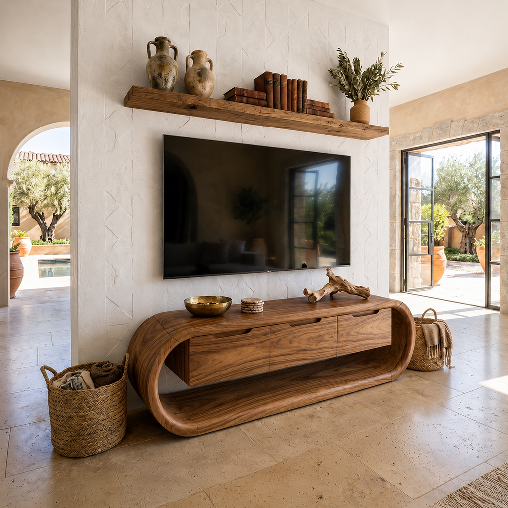 Coastal Greek Island TV Stand For Santorini Style Living Room