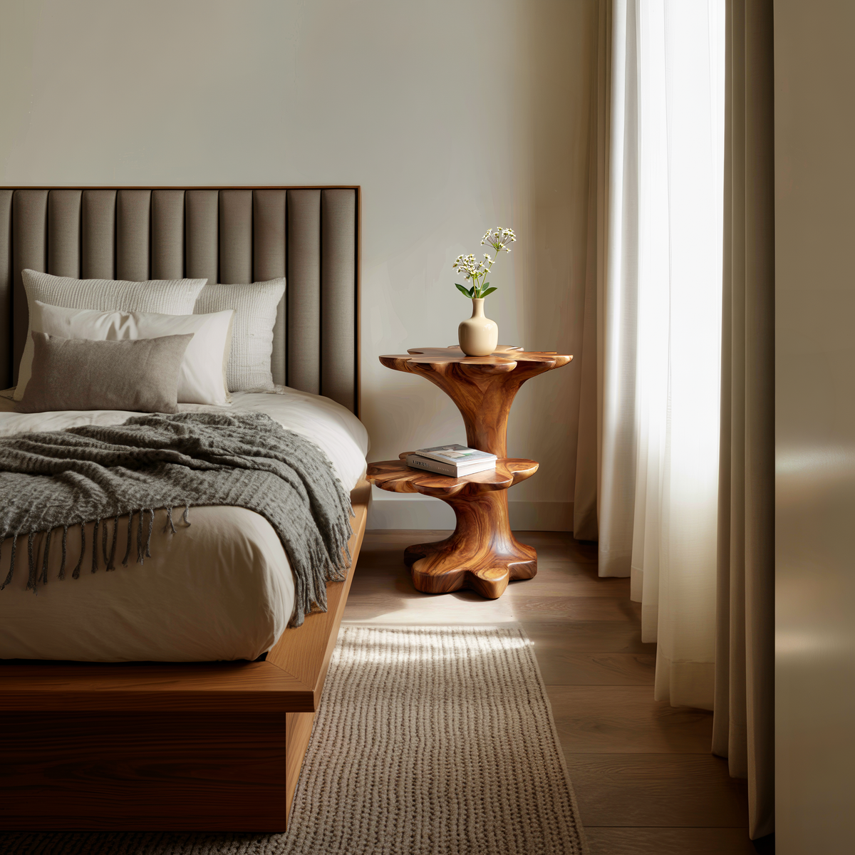 Artistic Wooden Two Tier Nightstand Sculptural Base For Bedroom