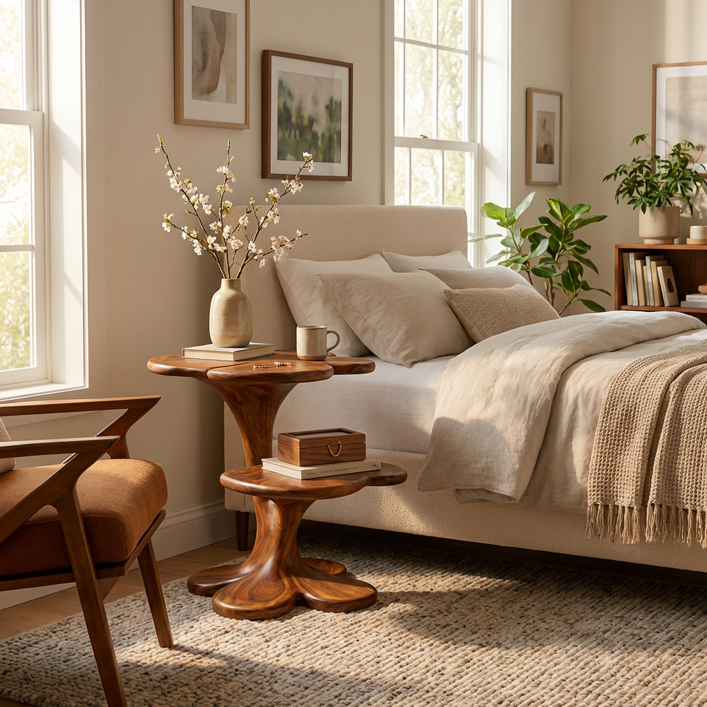Artistic Wooden Nightstand With Sculptural Multi Tier For Bedroom