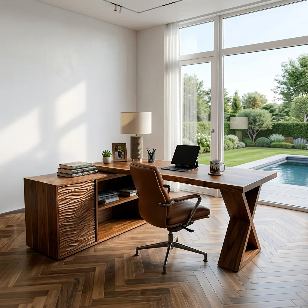 Contemporary L Shaped Desk With Wave Carved Cabinet For Home Office