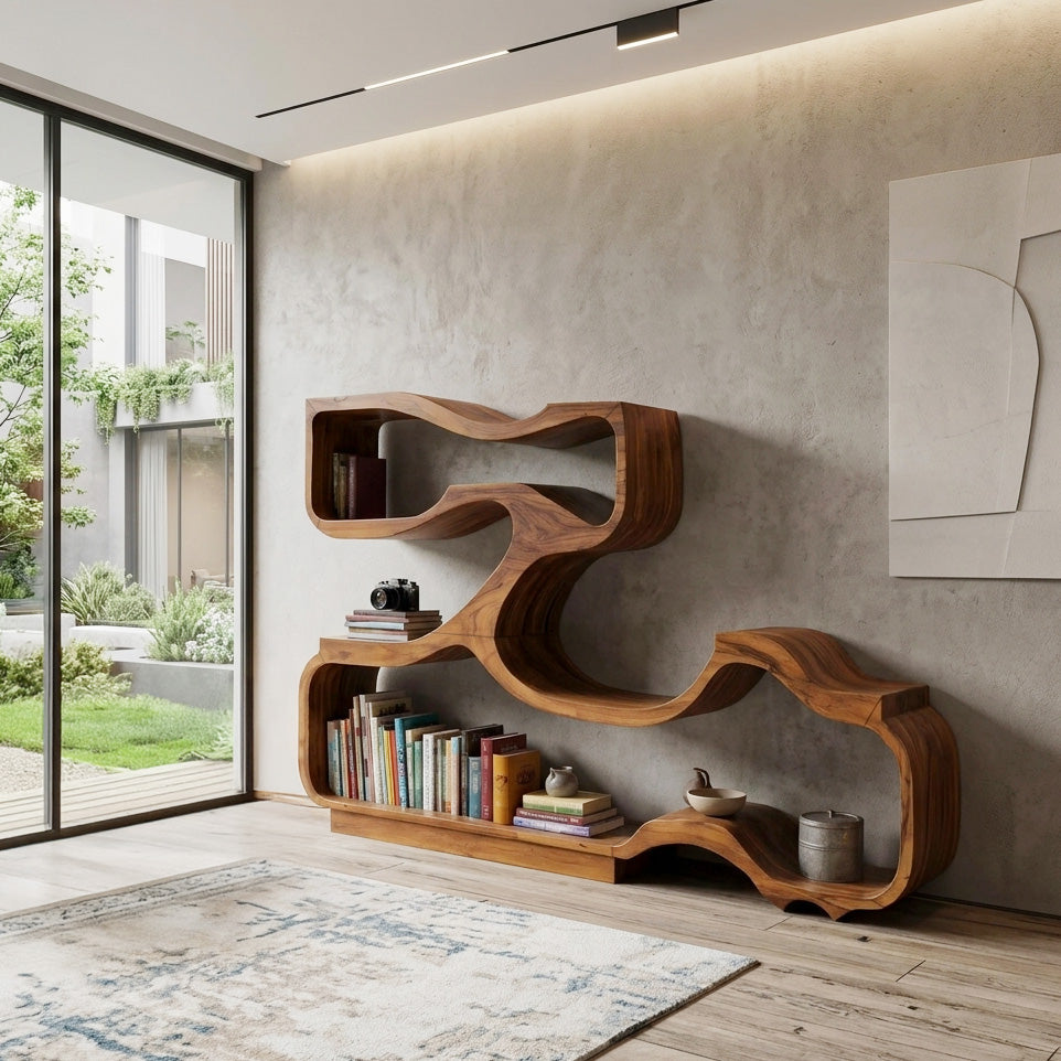 Artistic Bookshelf With Flowing Design For Living Room