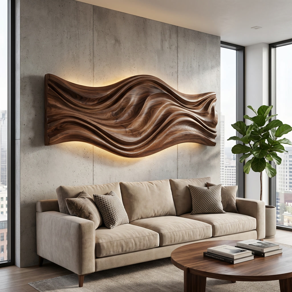 Artistic Wood Wall Art With Carved Wavy For Family Room