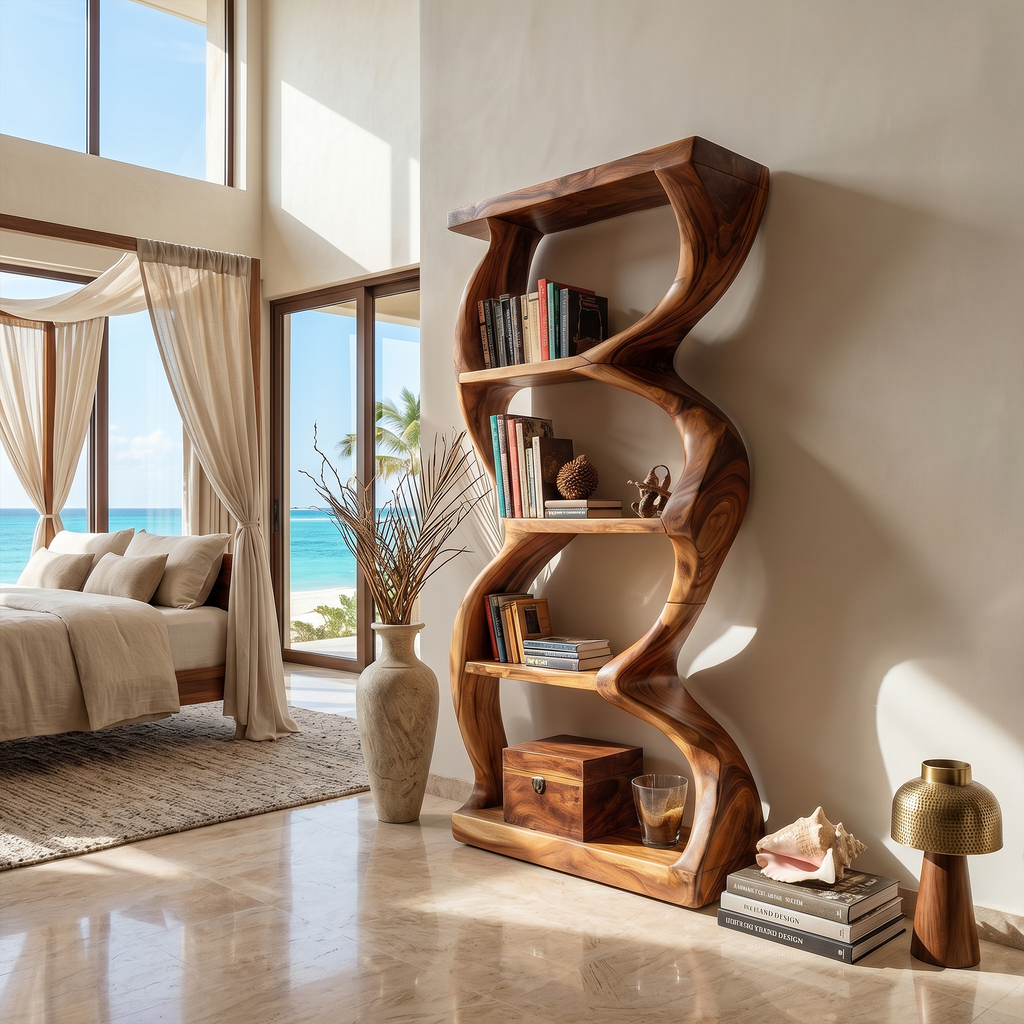 Coastal Inspired Curved Wooden Bookcase With Organic Form
