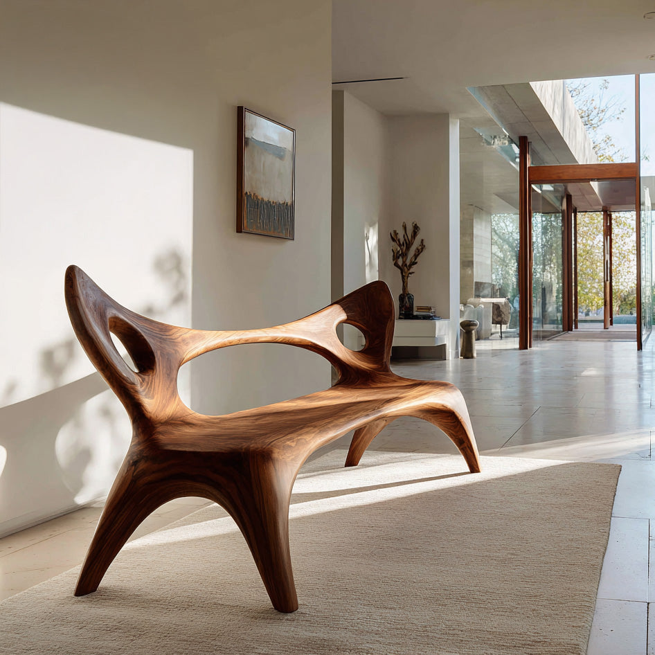 Artistic Wood Bench With Sculptural Backrest For Living Room
