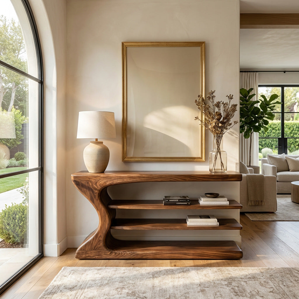 Artistic Natural Wood Console Table For Minimal Entry Interior