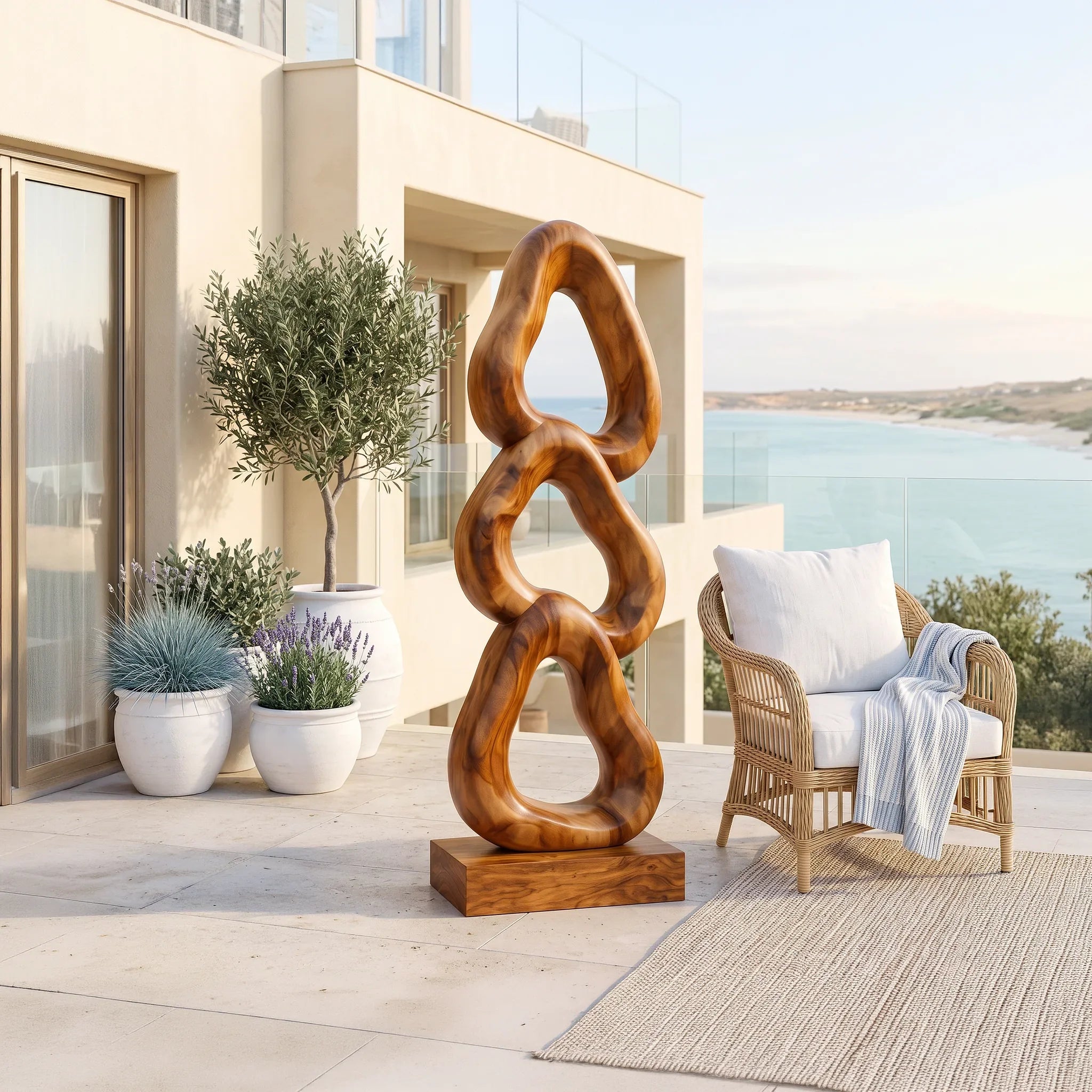 Abstract Wooden Sculpture For Luxury Coastal Balcony Decor
