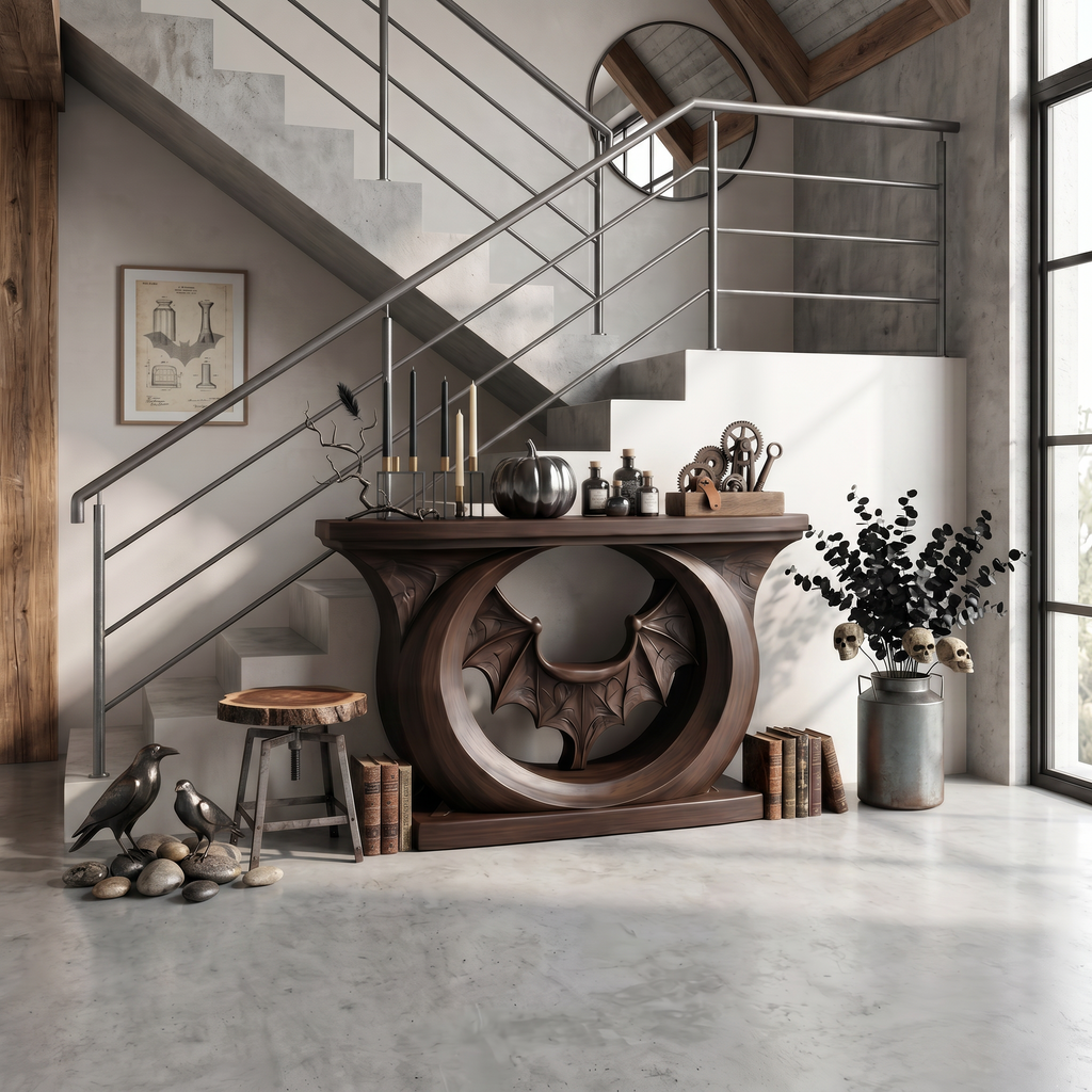 Contemporary Halloween Console Table With Sculptural Bat Design For Entryway And Living - view 3
