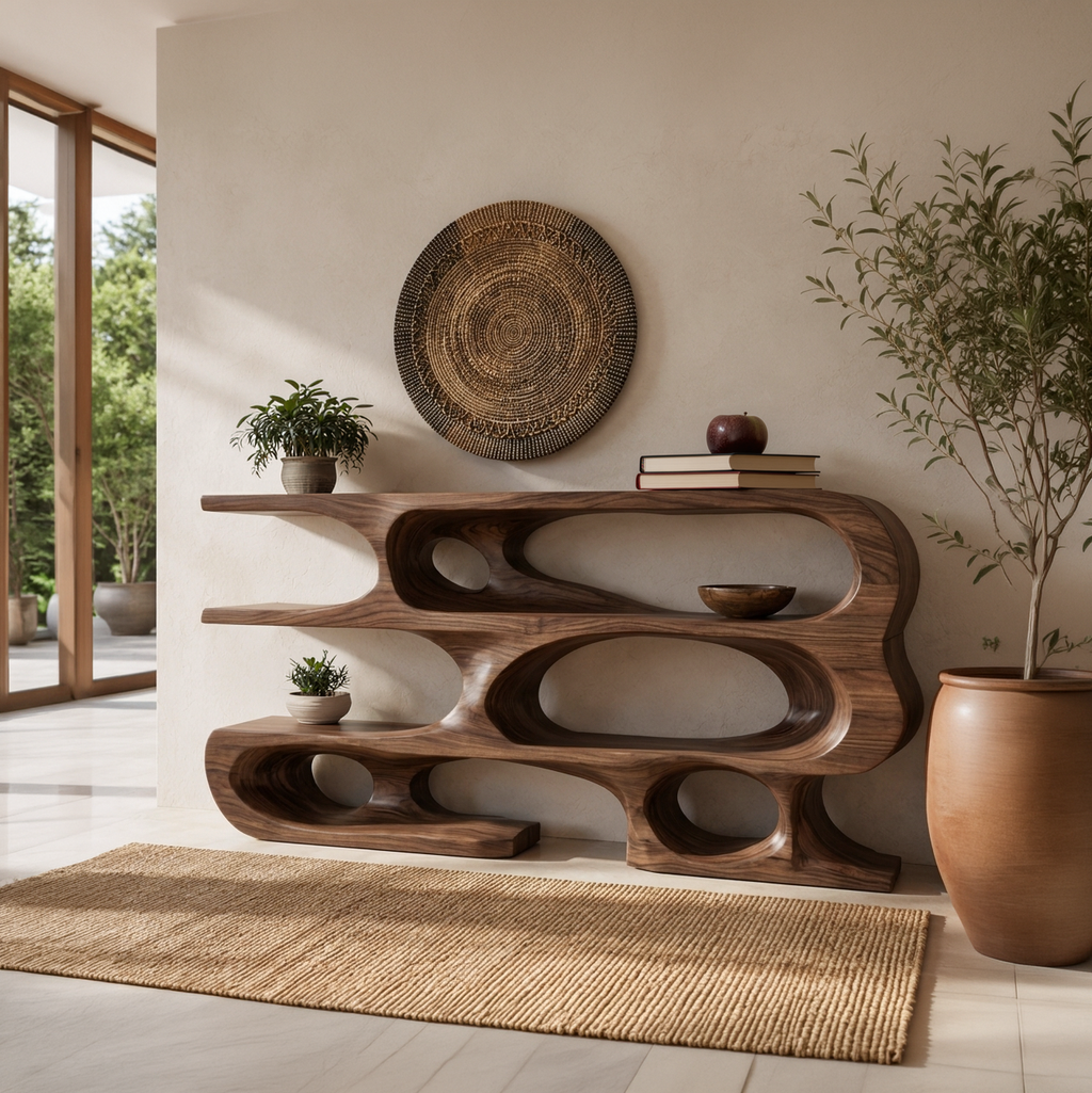 Contemporary Console Table With Multi Level Open Shelves For Living