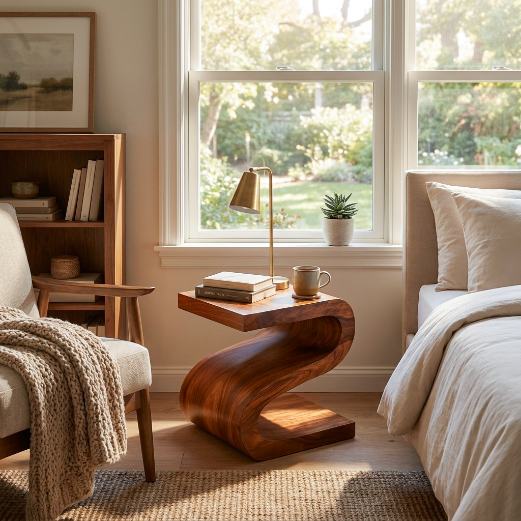 Artistic Wooden Nightstand With Undulating Shape For Bedroom