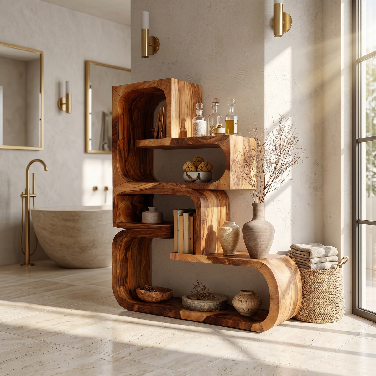 Contemporary Wave Edge Wooden Bookcase In Natural Finish - view 3
