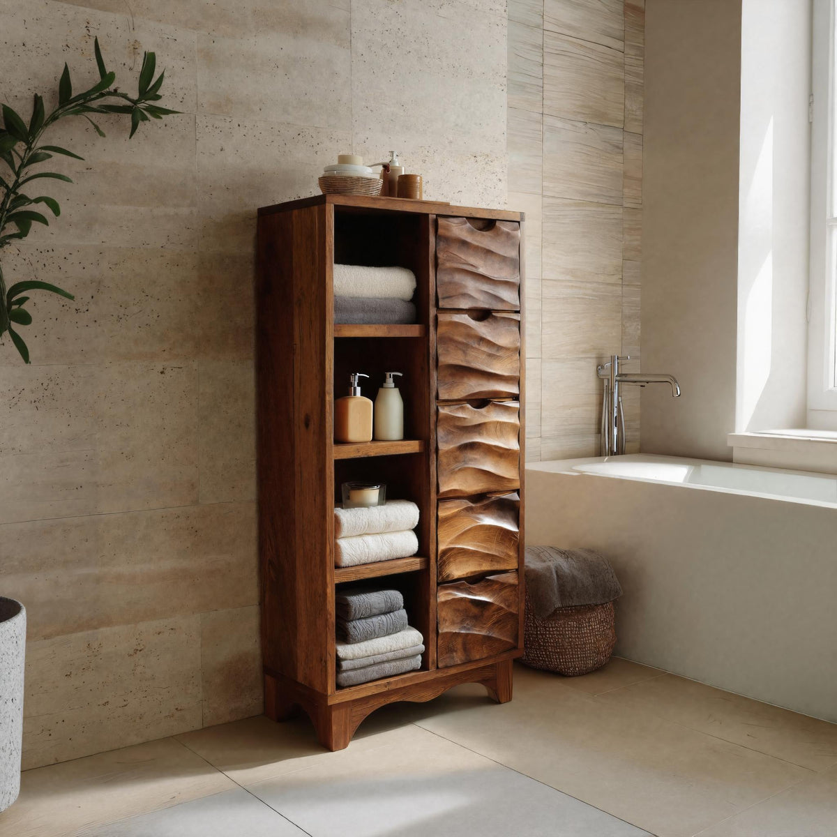Contemporary Bathroom Cabinet With Open Shelves And Drawers For Spa