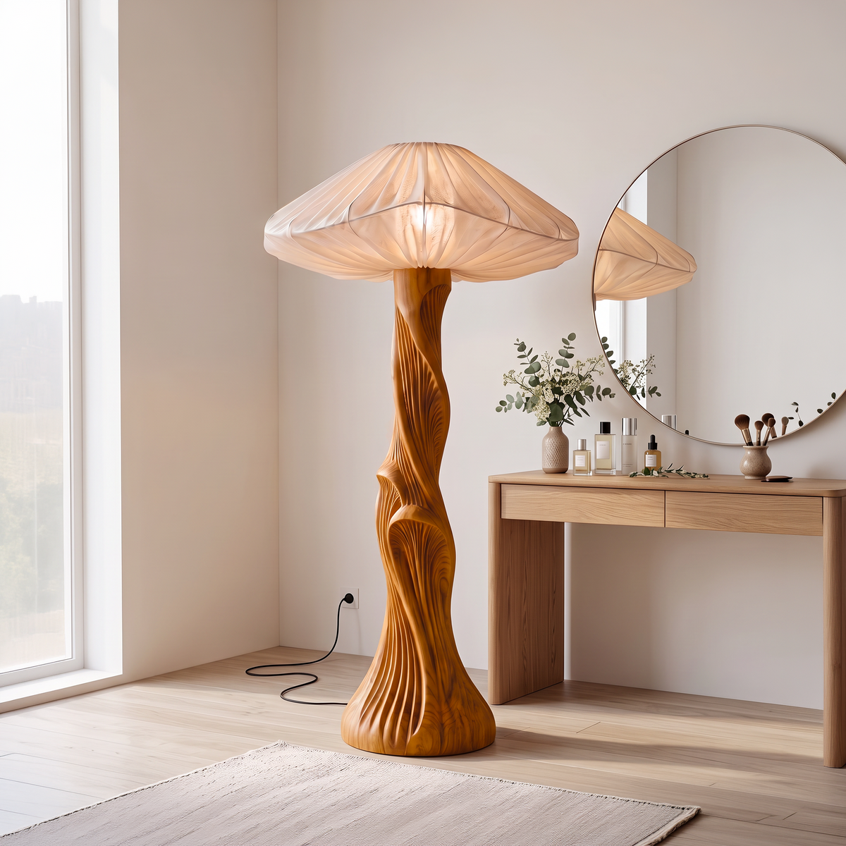 Contemporary Floor Lamp Carved Wood Mushroom Shade Pedestal Lounge - view 3