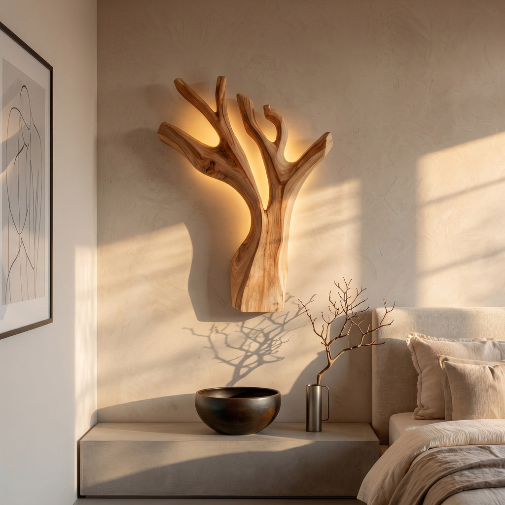 Artistic Branch Style Wooden Wall Lamp For Bedroom