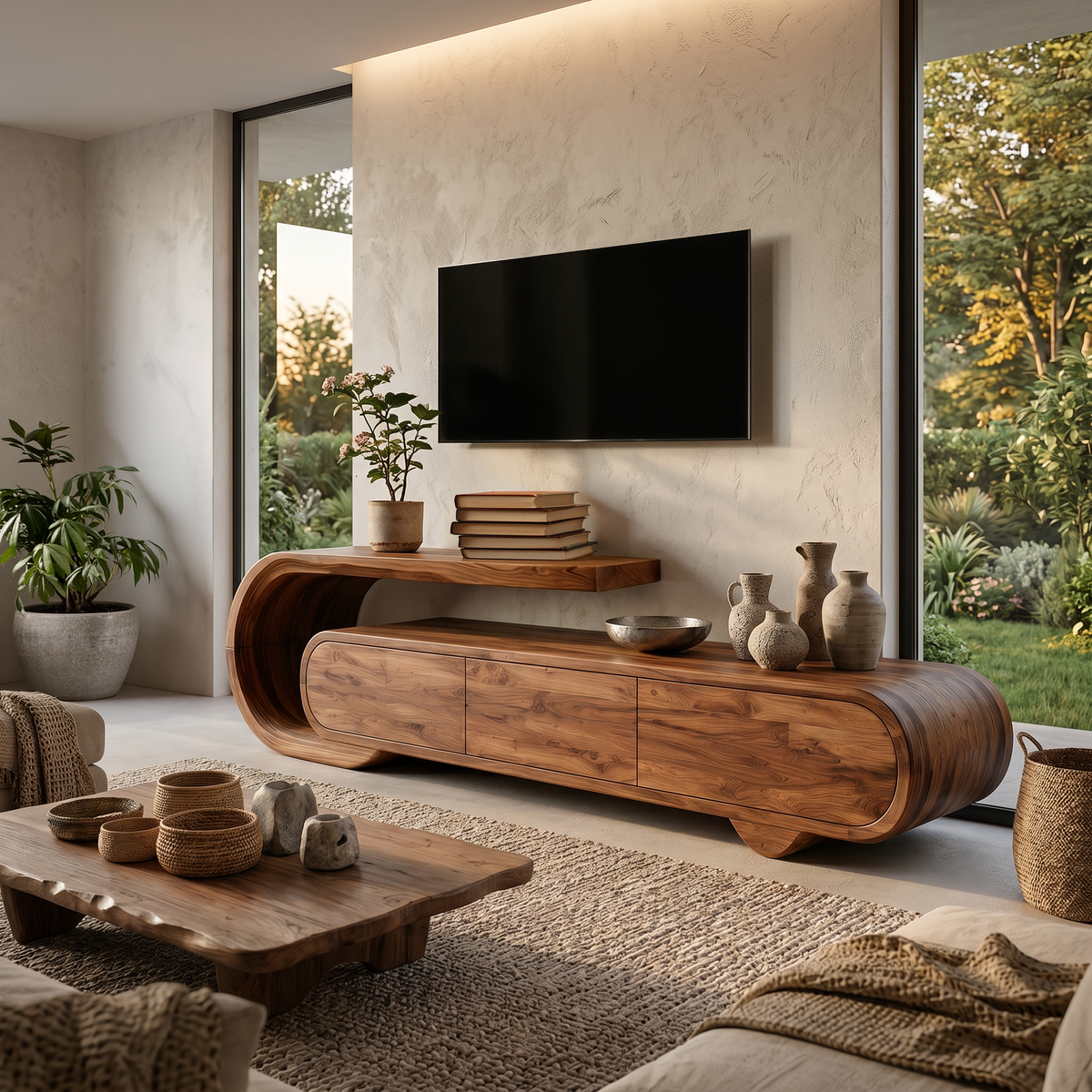 Contemporary Natural Wood TV Console For Home Storage