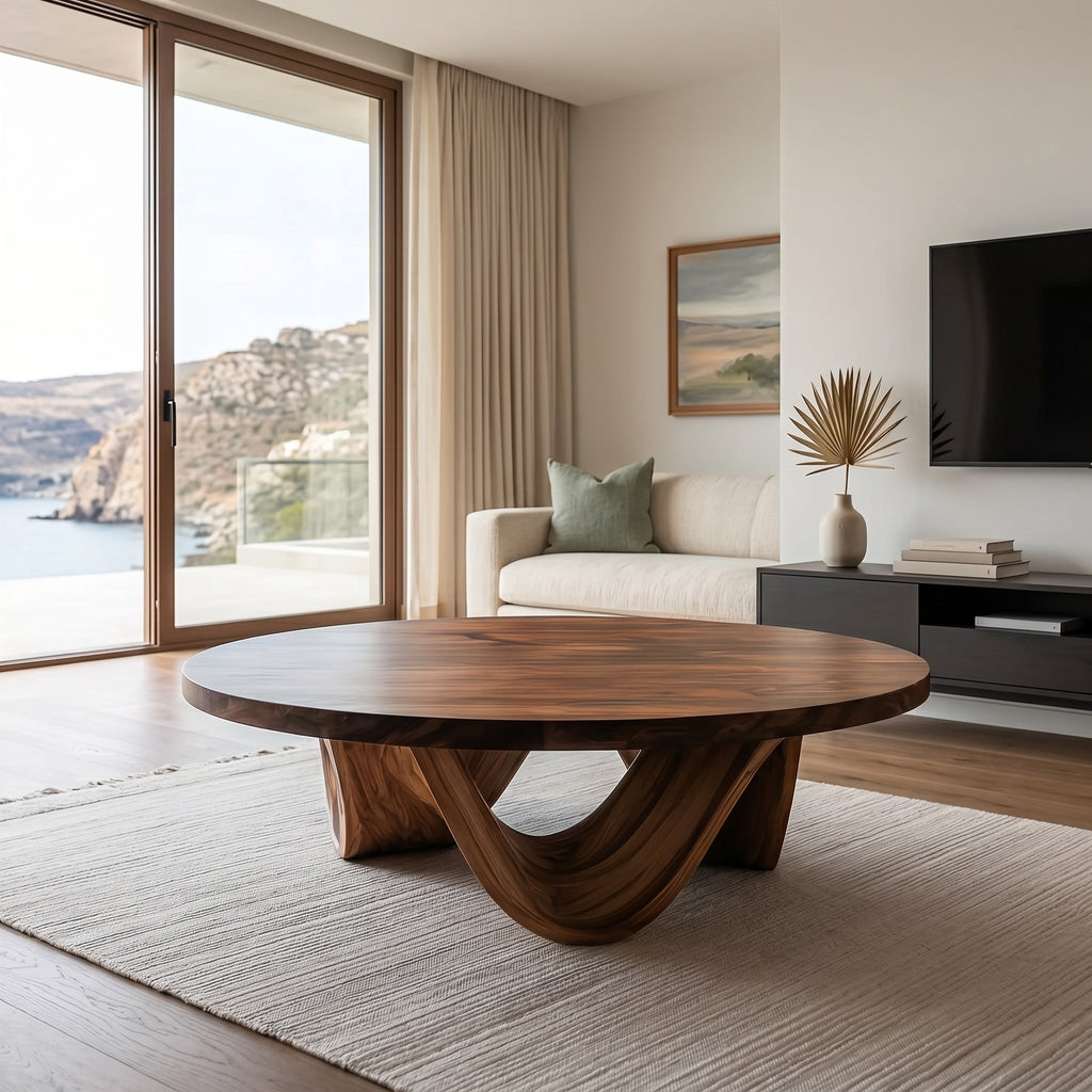 Contemporary Round Coffee Table With Continuously Curved Base For Living