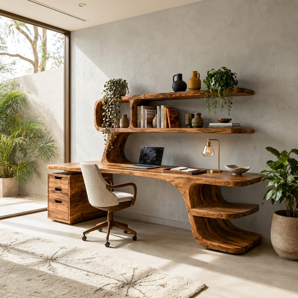 Contemporary Desk With Built In Bookshelves And Drawers For Workspace