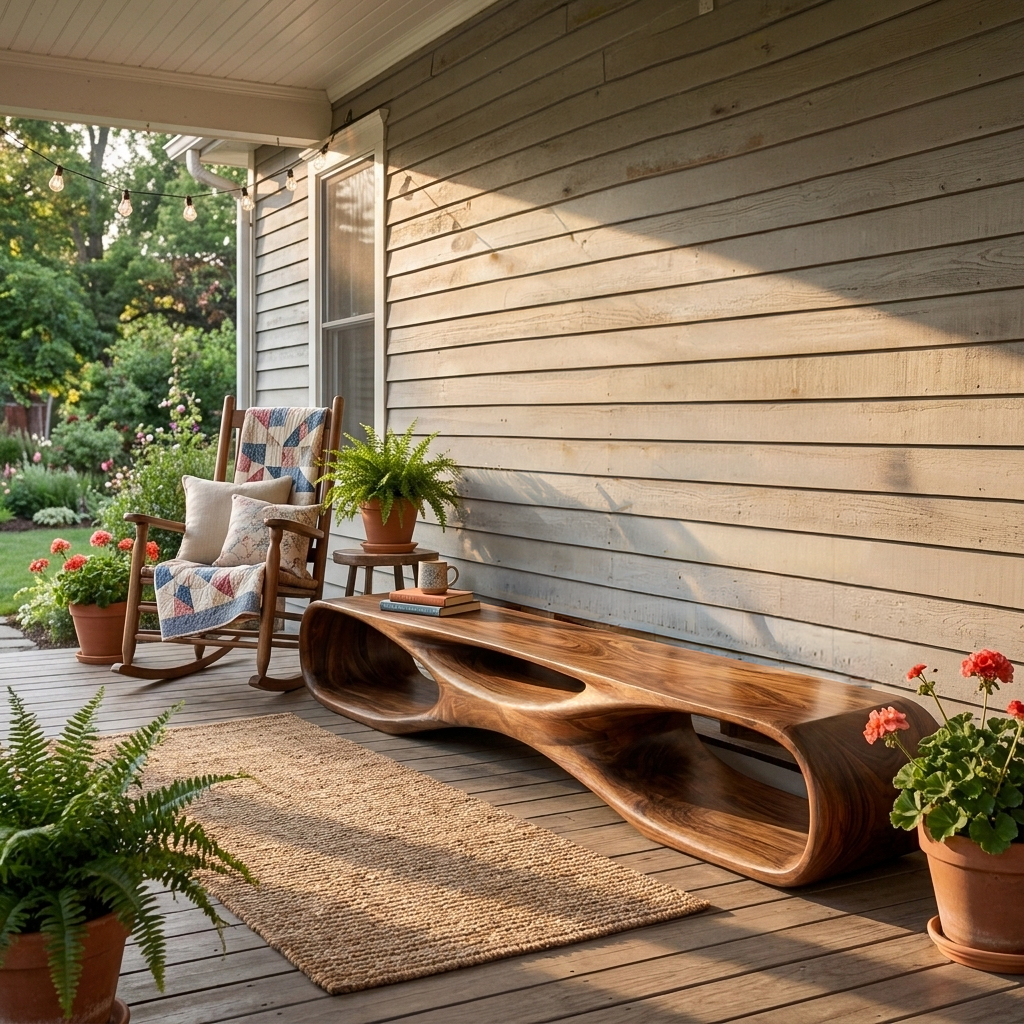 Artistic Wooden Bench With Organic Shape For Hallway