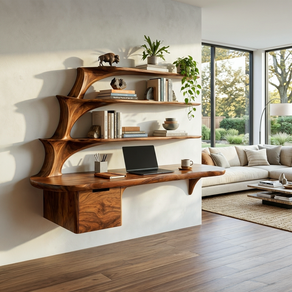 Contemporary Floating Desk With Display Shelves And Drawers For Workspace