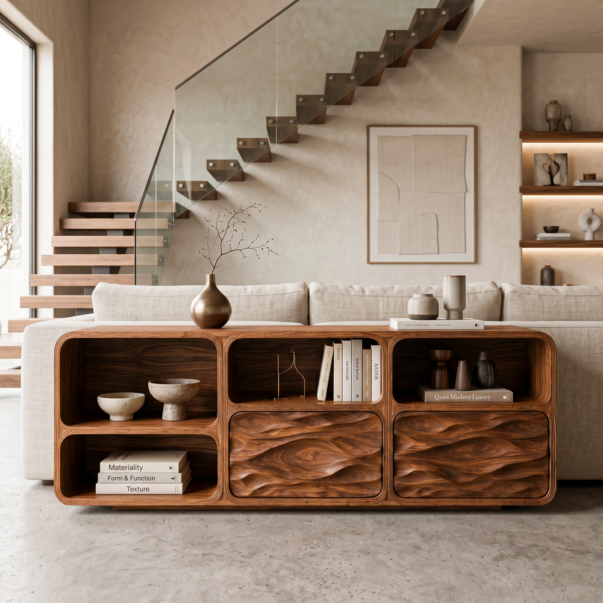 Contemporary Console Table With Wave Carved Drawers For Living Room