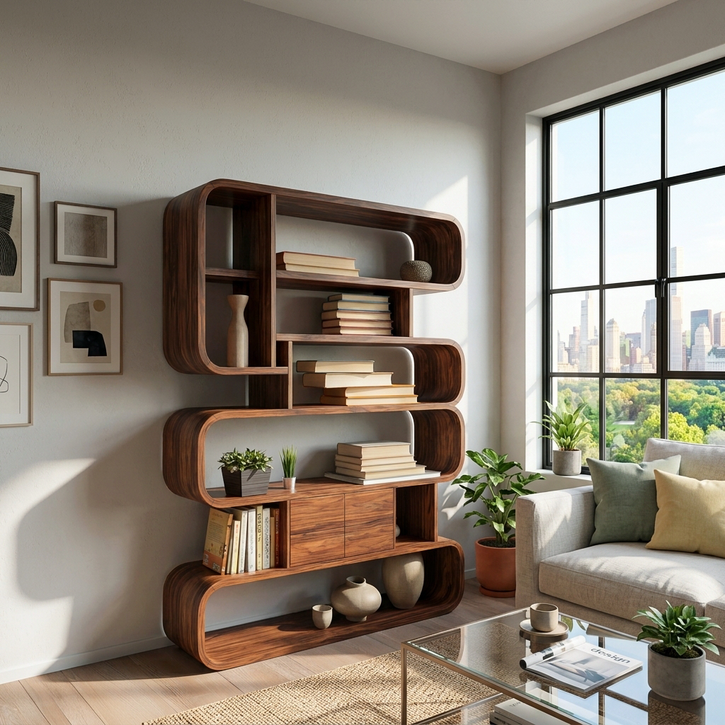 Contemporary Natural Wood Bookshelf With Rounded Form For Home