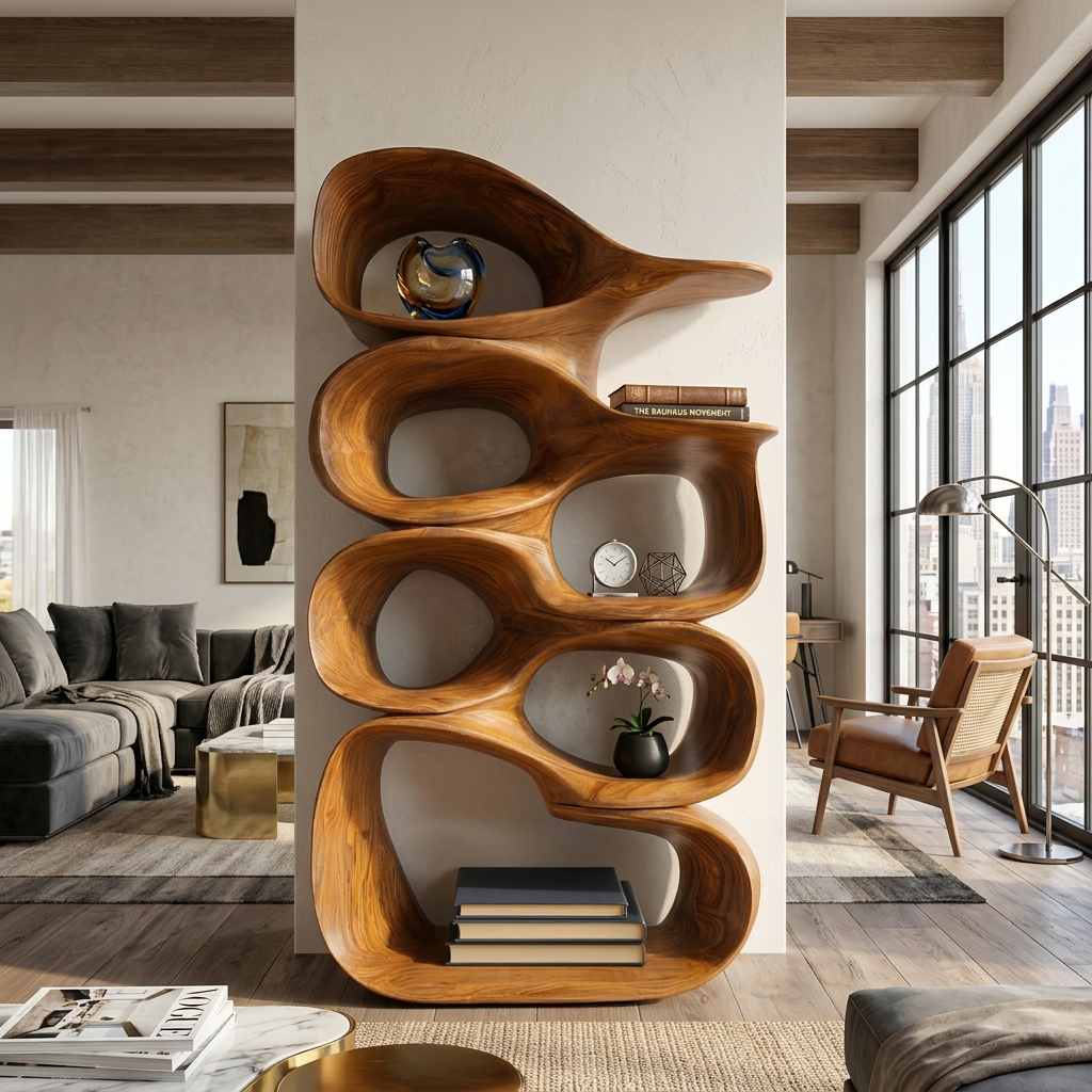 Artistic Wooden Bookshelf With Sculptural Display Shelving For Home Decor
