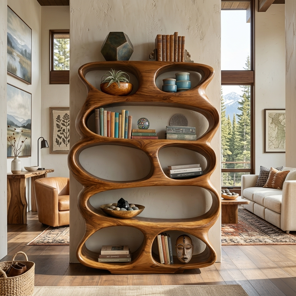 Contemporary Flowing Form Bookshelf For Living Room Storage