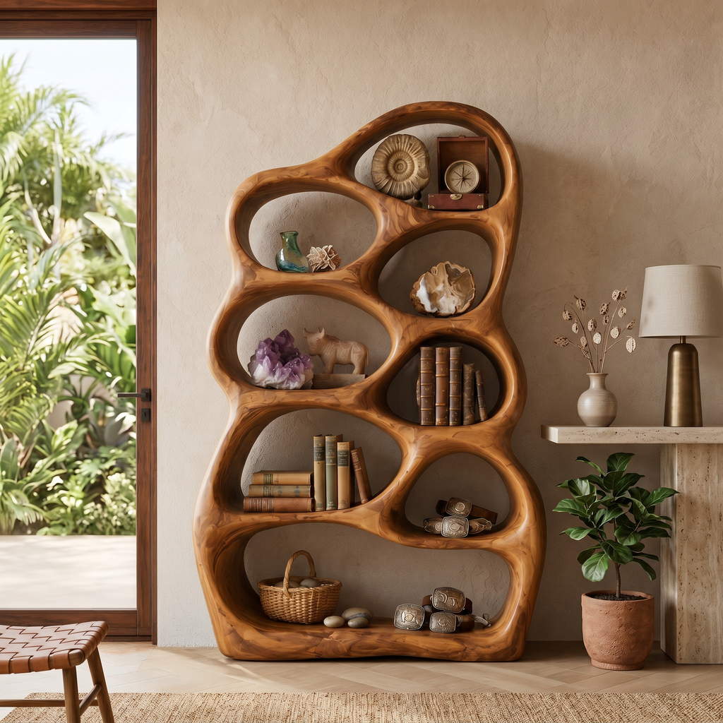 Artistic Sculptural Wood Bookshelf With Multi Tiers For Living Room