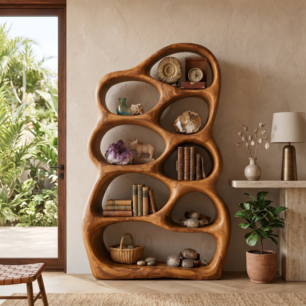 Artistic Sculptural Wood Bookshelf With Multi Tiers For Living Room