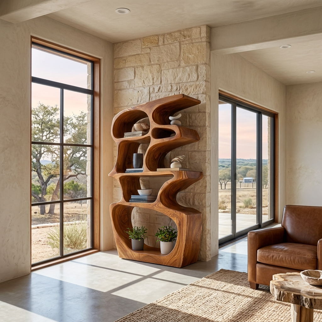 Artistic Bookshelf With Sculptural Open Shelves For Home Styling