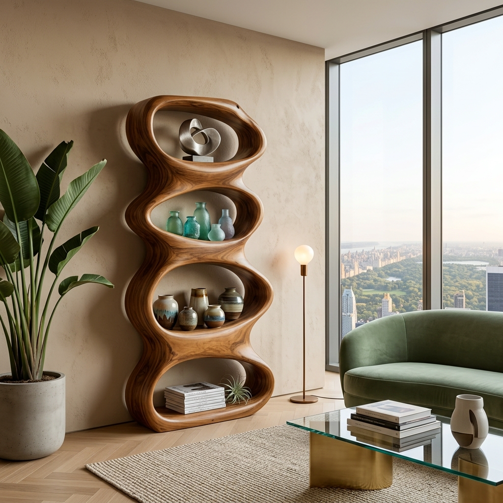 Biomorphic Wooden Bookshelf For Modern Living Room
