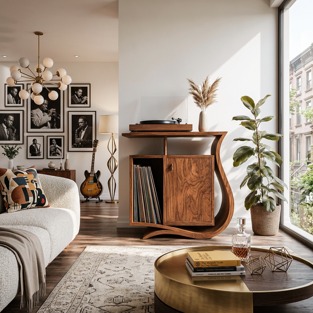 Contemporary Record Player Stand With Asymmetrical Form For Living Room