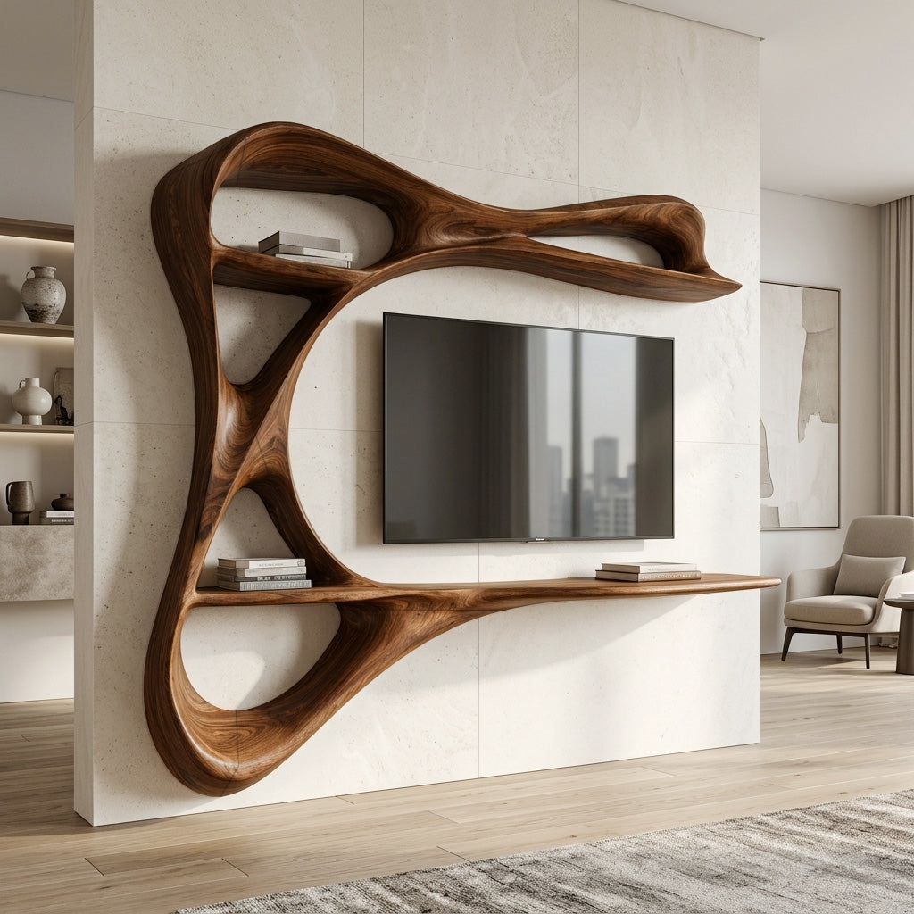 Contemporary Carved Frame TV Console With Integrated Shelves For Home