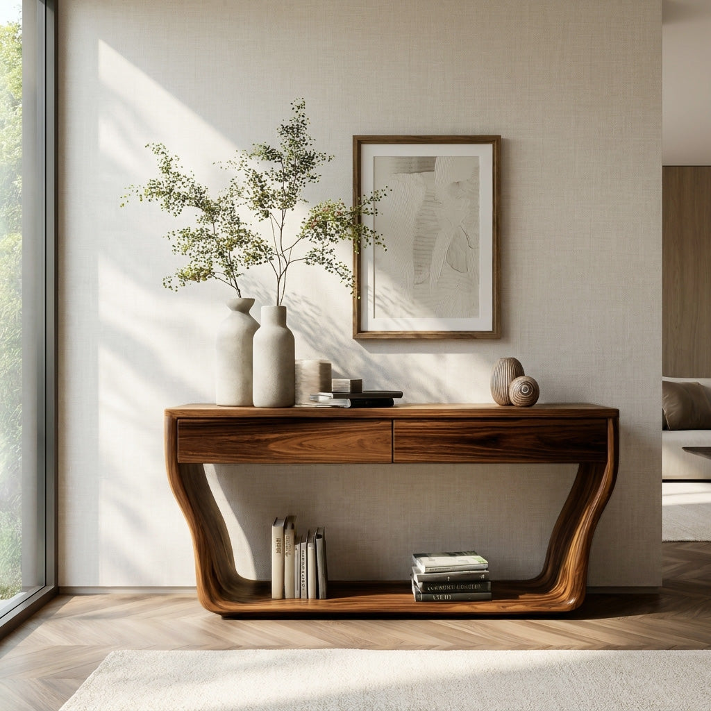 Contemporary Natural Wood Console Table With Two Drawers For Entryway