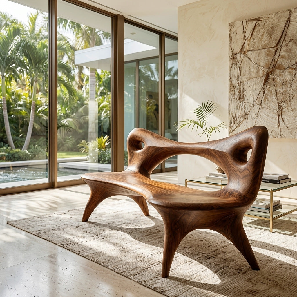 Contemporary Natural Wood Curved Bench For Living Room