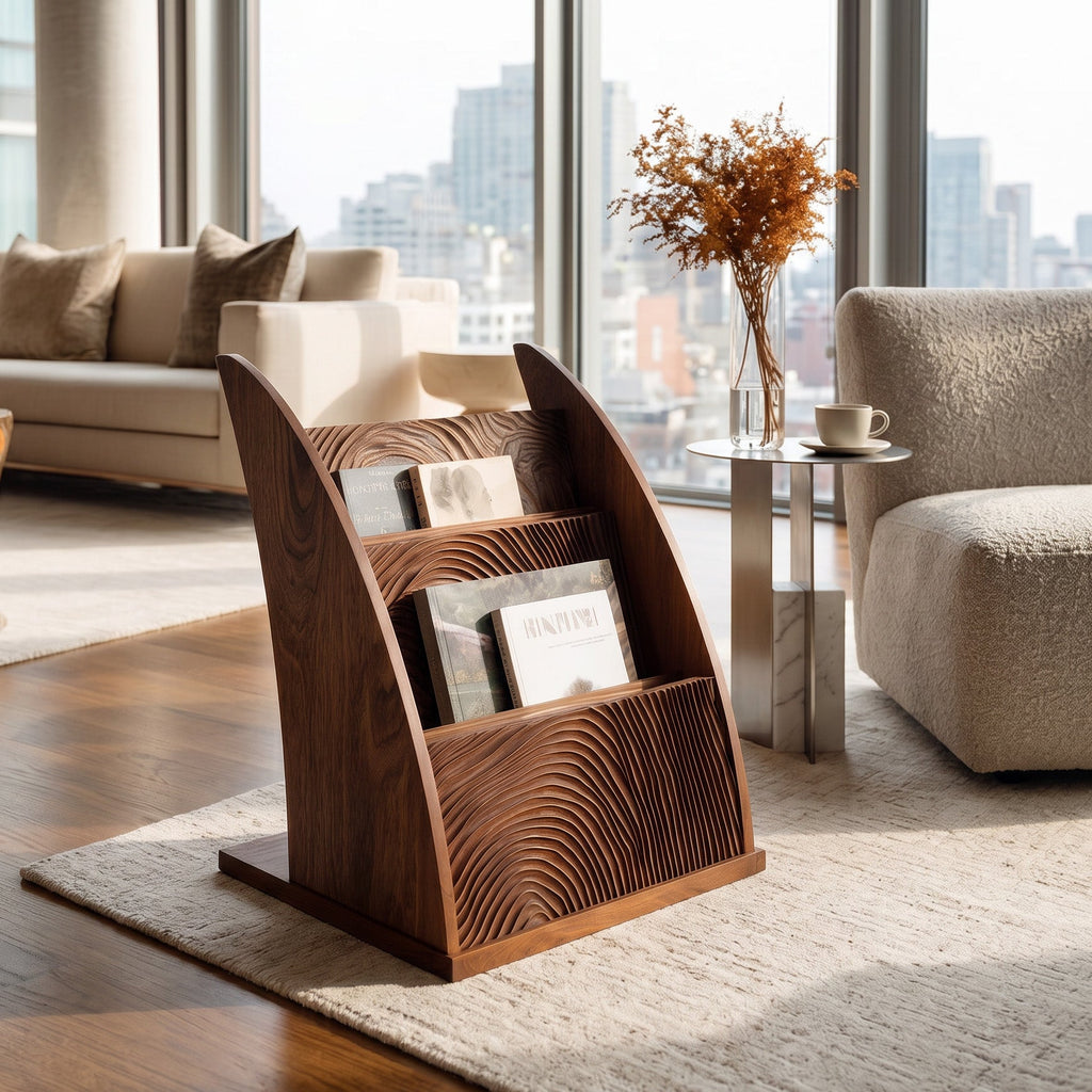 Contemporary Carved Wood Magazine Rack For Reading Corner