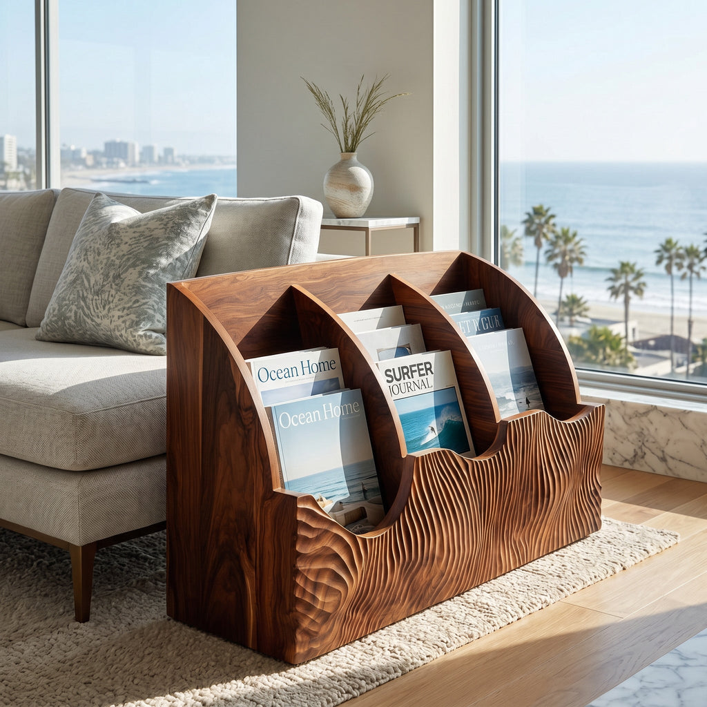 Contemporary Carved Curved Wood Magazine Rack For Living Room