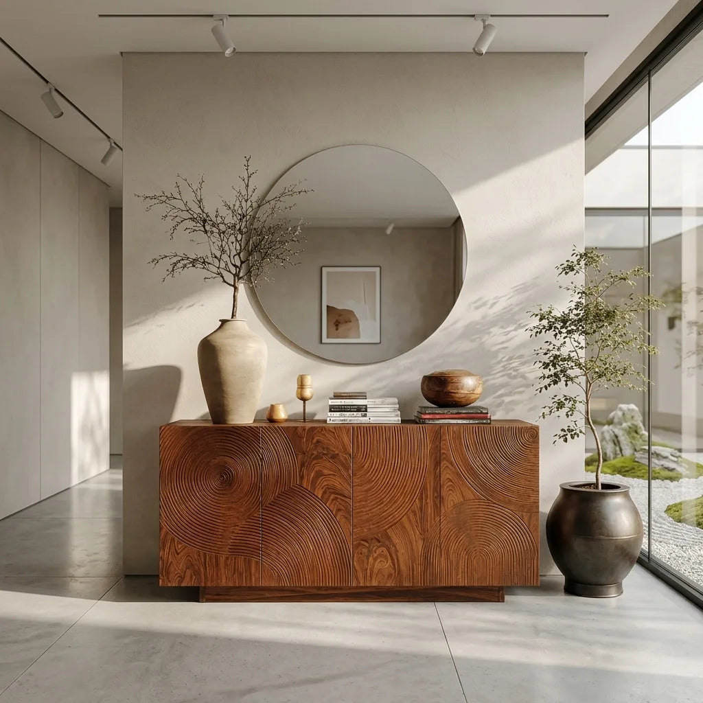 Contemporary Circular Ripple Carved Sideboard For Entryway